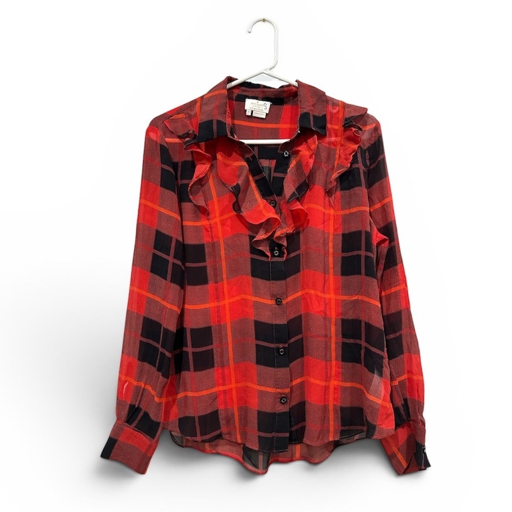 Kate Spade New York Red Black Plaid Ruffle Silk Blouse Top Size 8 Small